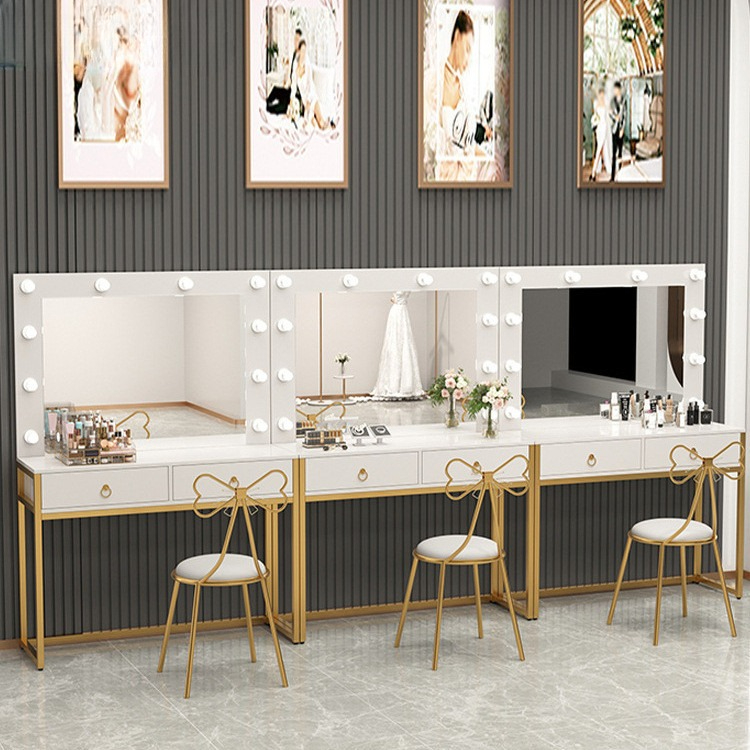 Beauty Makeup School - โต๊ะเครื่องแป้งพร้อมกระจกไฟในตัว สำหรับโรงเรียนสอนแต่งหน้า ร้านทำผม ร้านเสริมสวย ร้านชุดเจ้าสาว