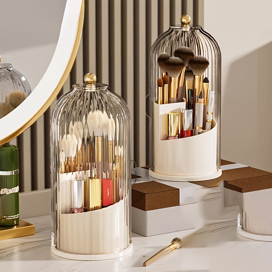Beauty Kiss Makeup - ชุด 5 ชิ้น, ชั้นวางเก็บของกันฝุ่นแบบหมุนได้ 360 องศาพร้อมฝาปิดลายเส้นแนวตั้งแบบโปร่งใส,