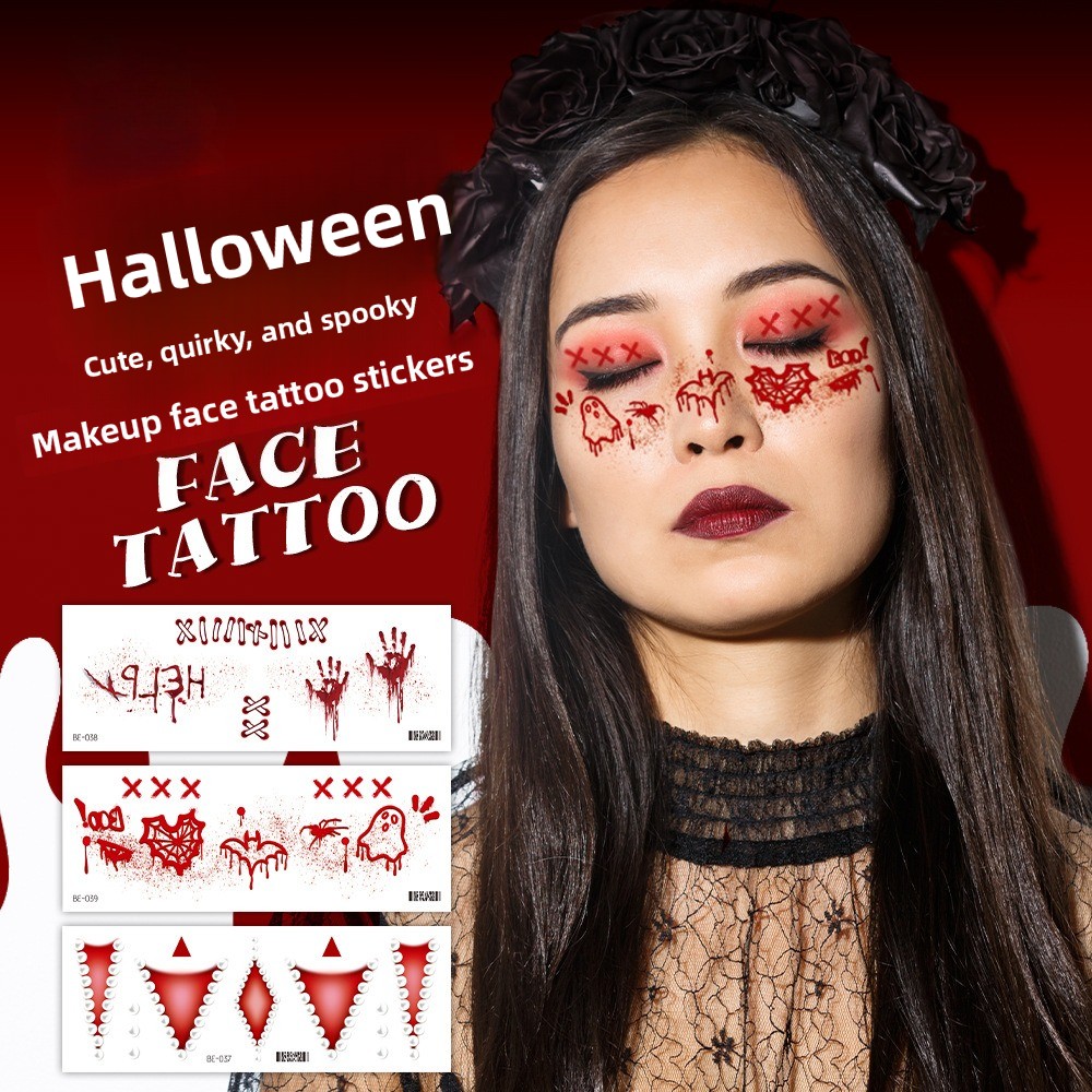 Beauty Halloween Makeup - สติ๊กเกอร์แต่งหน้าฮาโลวีน 5 ชิ้น สติ๊กเกอร์ลายแผลสำหรับปาร์ตี้ สติ๊กเกอร์ลายหน้าสุดน่ารัก สติ๊กเกอร์แทททูกันน้ำ