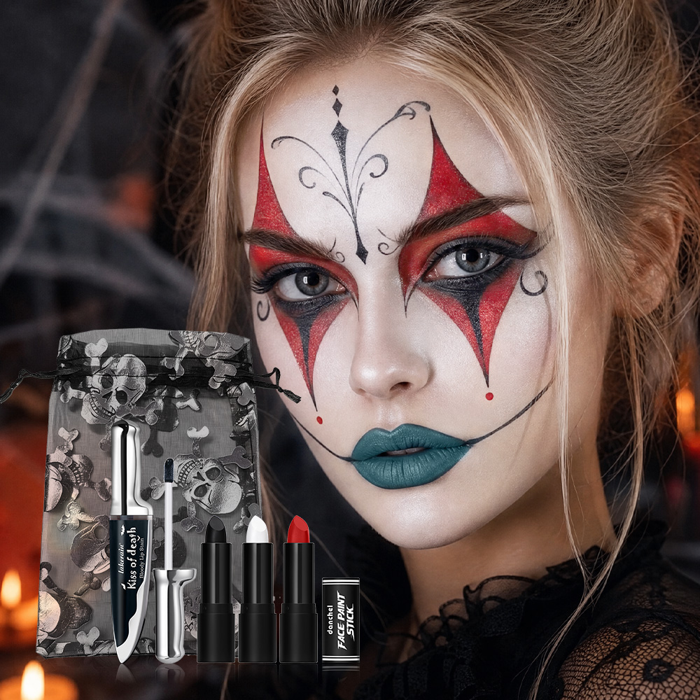 Beauty Halloween Makeup - ชุดแต่งหน้าฮาโลวีนสไตล์กอธิค 5 ชิ้น ลิปสติกสีดำขาวพร้อมกระเป๋าเก็บ ติดทนนาน เหมาะสำหรับงานปาร์ตี้คอสเพลย์และแต่งหน้าบนเวที